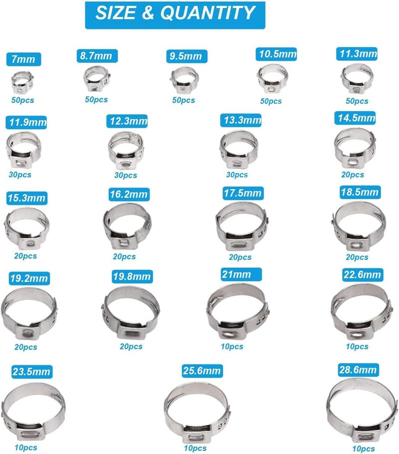 PEROMI 520 Pcs PEX Cinch clamps Ring, 20 Sizes 1/4-1 Inch Stainless Steel Single Ear Stepless Hose Clamps Assortment Kit for Water Pipe, Plumbing and Automotive Use - Image 2